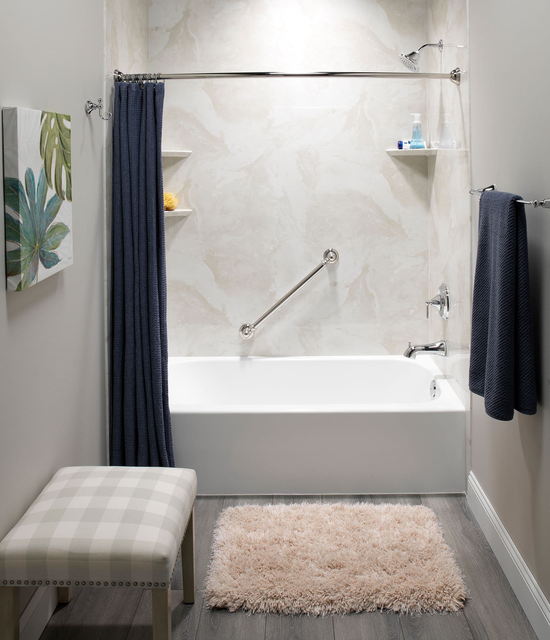 shower with bench and opened blue curtain